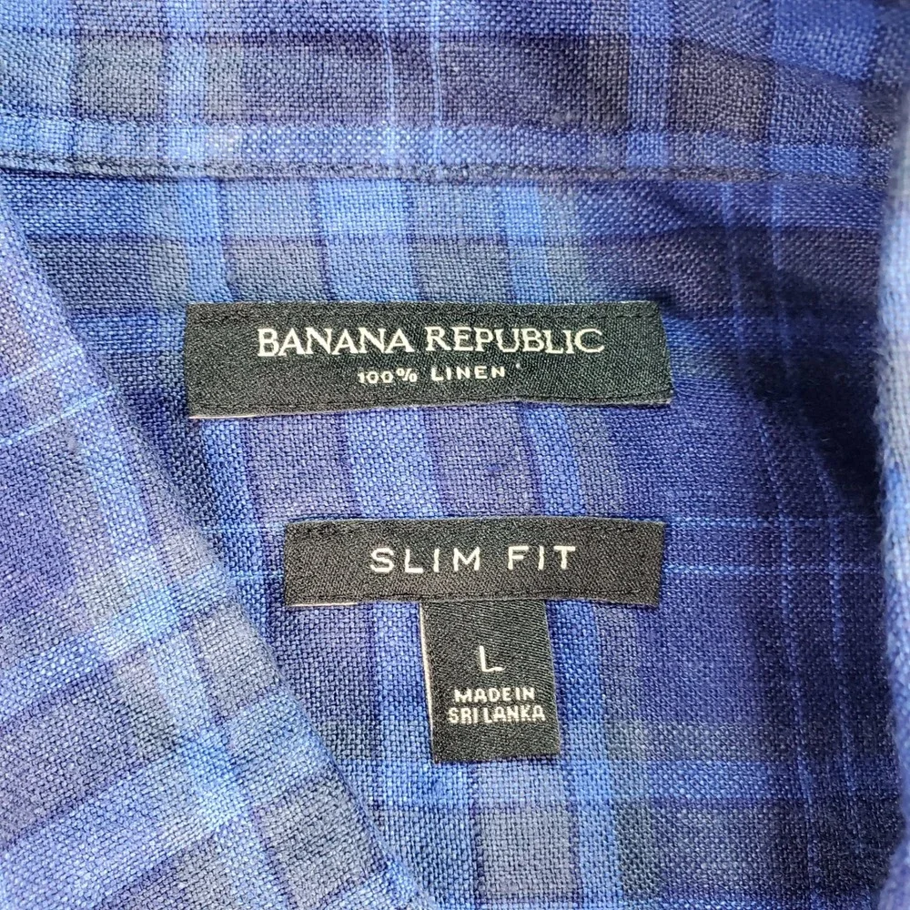 Banana Republic Men's Slim Fit Blue Plaid Linen Button Down Shirt Large flaw
